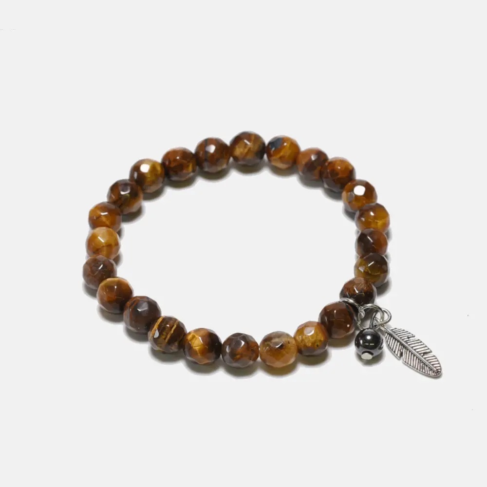 Curated Basics Faceted Tiger Eyes with Hematite, Feather Charm Bracelet